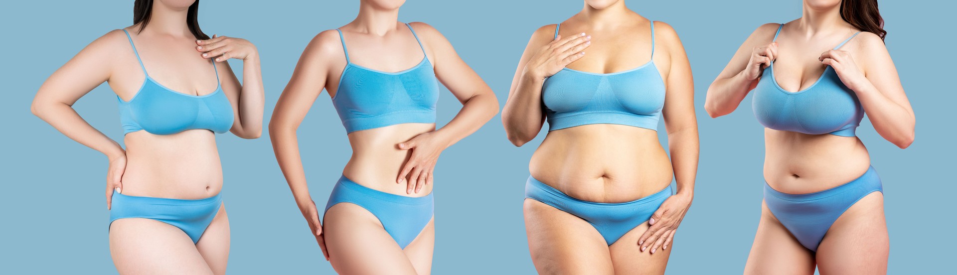 Beauty image of a group of women with different body shape, mixed female fat and thin models in lingerie on a blue background